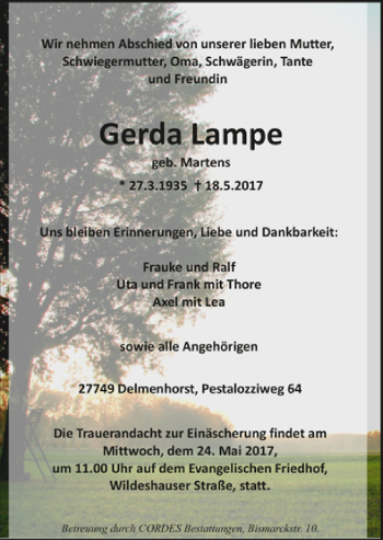 Todesanzeige von Gerda Lampe von Trauer.de