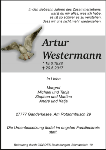 Todesanzeige von Artur Westermann von Trauer.de