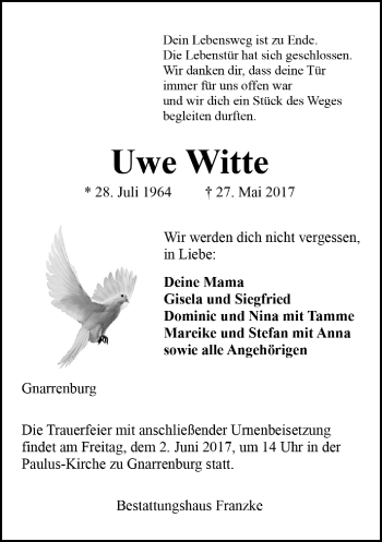 Todesanzeige von Uwe Witte von Trauer.de
