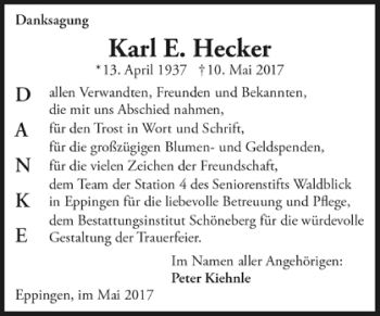 Todesanzeige von Karl E. Hecker von Trauer.de