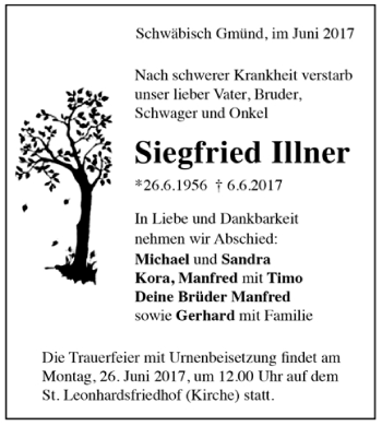 Todesanzeige von Siegfried Illner von Trauer.de