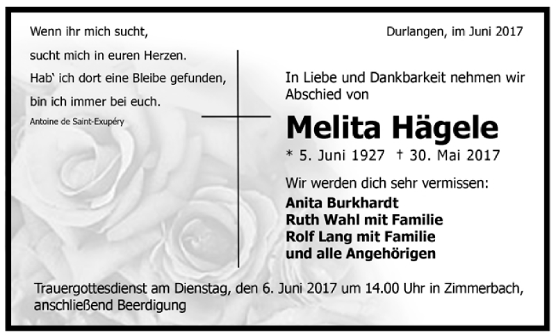  Traueranzeige für Melita Hägele vom 02.06.2017 aus Trauer.de