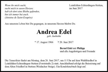 Todesanzeige von Andrea Edel von Trauer.de
