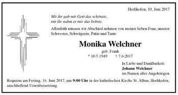 Todesanzeige von Monika Welchner von Trauer.de