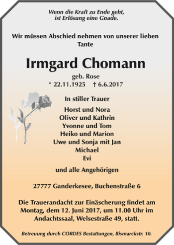 Todesanzeige von Irmgard Chomann von Trauer.de