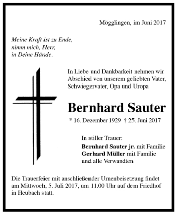 Todesanzeige von Bernhard Sauter von Trauer.de