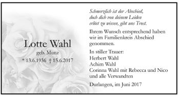 Todesanzeige von Lotte Wahl von Trauer.de
