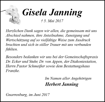 Todesanzeige von Gisela Janning von Trauer.de