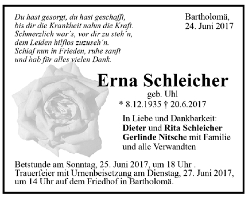  Traueranzeige für Erna Schleicher vom 23.06.2017 aus Trauer.de