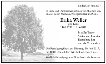 Todesanzeige von Erika Weller von Trauer.de