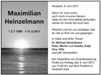 Todesanzeige von Maximilian Heinzelmann von Trauer.de