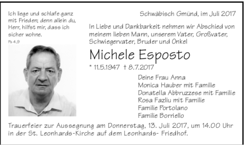  Traueranzeige für Michele Esposto vom 17.07.2017 aus 
