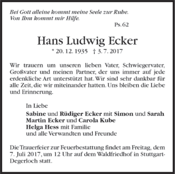 Todesanzeige von Hans Ludwig Ecker von Trauer.de