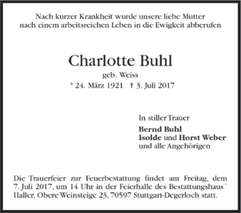 Todesanzeige von Charlotte Buhl von Trauer.de