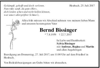 Todesanzeige von Bernd Bissinger 