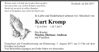Todesanzeige von Kurt Kromp 