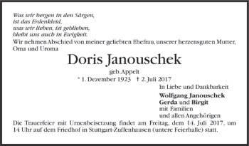 Todesanzeige von Doris Janouschek von Trauer.de