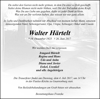 Todesanzeige von Walter Härtelt von Trauer.de