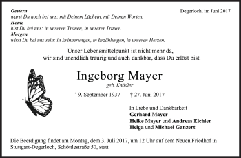 Todesanzeige von Ingeborg Mayer von Trauer.de