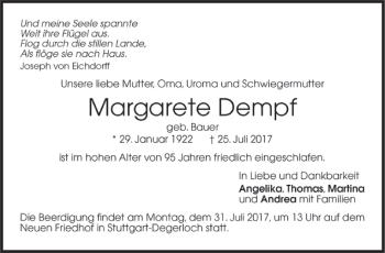Todesanzeige von Margarete Dempf von Trauer.de
