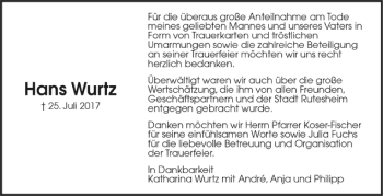 Todesanzeige von Hans Wurtz von Trauer.de
