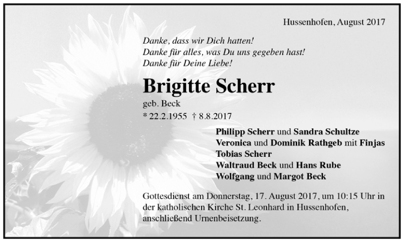  Traueranzeige für Brigitte Scherr vom 11.08.2017 aus Trauer.de