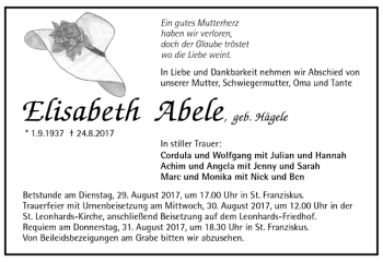 Todesanzeige von Elisabeth Abele von Trauer.de