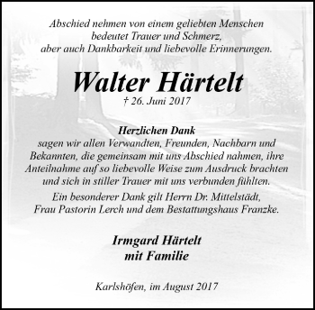 Todesanzeige von Walter Härtelt von Trauer.de