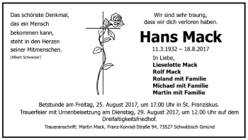Todesanzeige von Hans Mack von Trauer.de