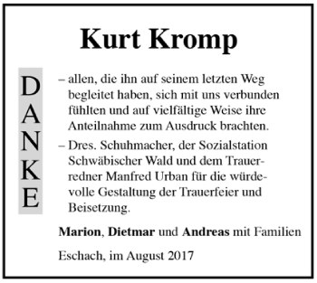 Todesanzeige von Kurt Kromp von Trauer.de