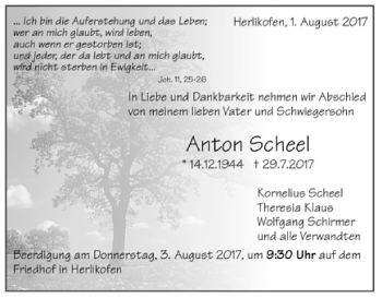 Todesanzeige von Anton Scheel von Trauer.de