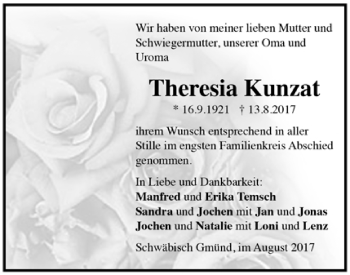 Todesanzeige von Theresia Kunzat von Trauer.de