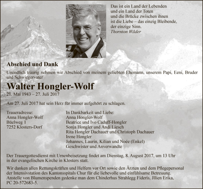  Traueranzeige für Walter Hongler-Wolf vom 04.08.2017 aus Südostschweiz Graubünden