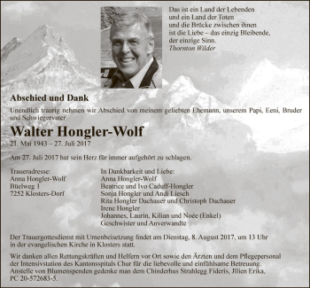 Todesanzeige von Walter Hongler-Wolf von Südostschweiz Graubünden