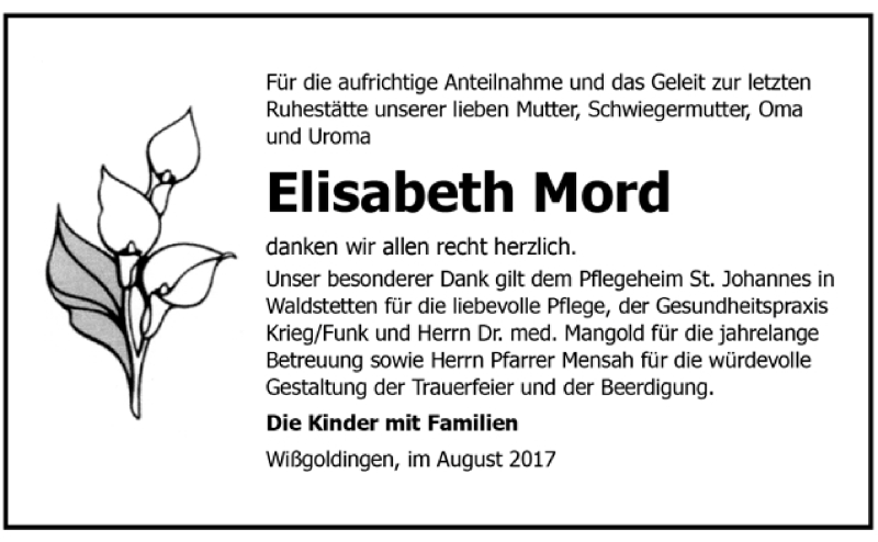  Traueranzeige für Elisabeth Mord vom 17.08.2017 aus Trauer.de