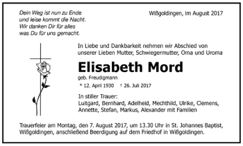 Todesanzeige von Elisabeth Mord von Trauer.de