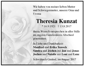Todesanzeige von Theresia Kunzat von Trauer.de