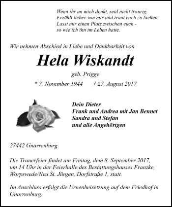Todesanzeige von Hela Wiskandt von Trauer.de