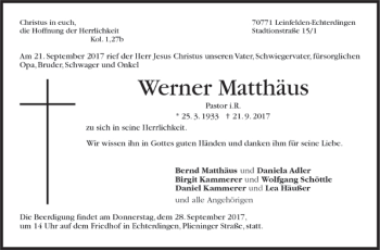 Todesanzeige von Werner Matthäus von Trauer.de