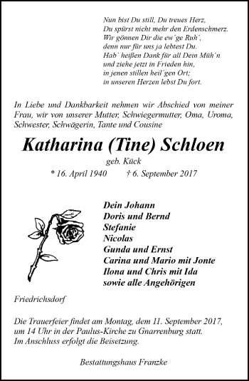 Todesanzeige von Katharina Schloen von Trauer.de