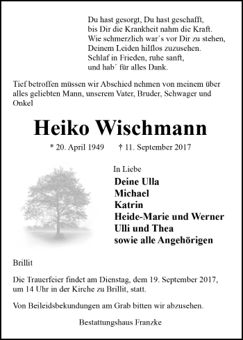 Todesanzeige von Heiko Wischmann von Trauer.de