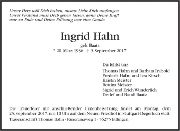 Traueranzeigen von Ingrid Hahn Trauer.de