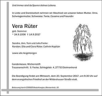 Todesanzeige von Vera Rüter von Trauer.de