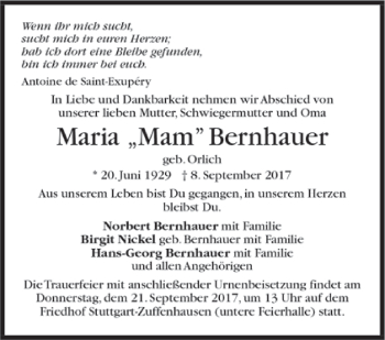 Todesanzeige von Maria Bernhauer von Trauer.de