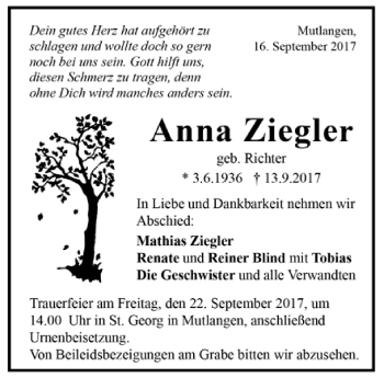 Todesanzeige von Anna Ziegler von Trauer.de