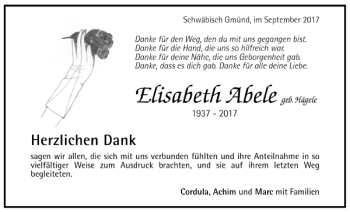 Todesanzeige von Elisabeth Abele von Trauer.de