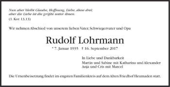 Todesanzeige von Rudolf Lohrmann von Trauer.de