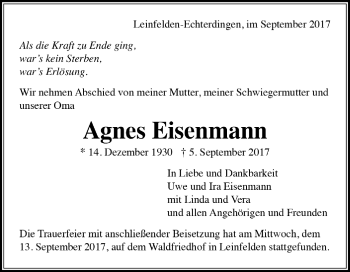 Todesanzeige von Agnes Eisenmann von Trauer.de