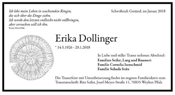 Todesanzeige von Erika Dollinger von Trauer.de