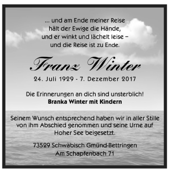 Todesanzeige von Franz Winter von Trauer.de